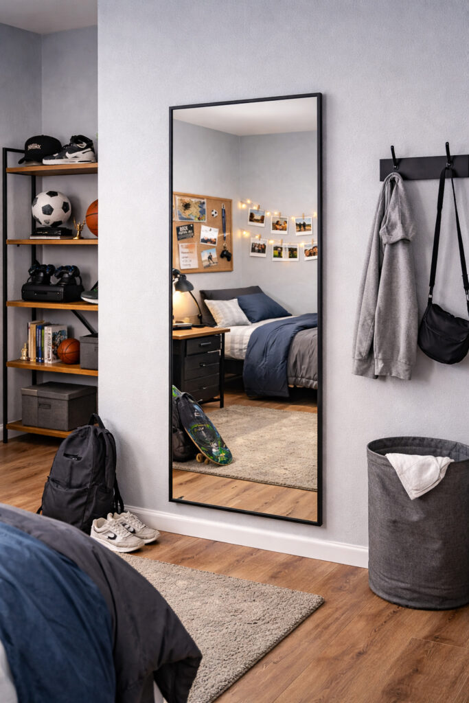 Ganzkörperspiegel in einem Teenager Jungen Zimmer