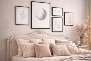 Bett in einem teenager Zimmer mit einer Posterwand