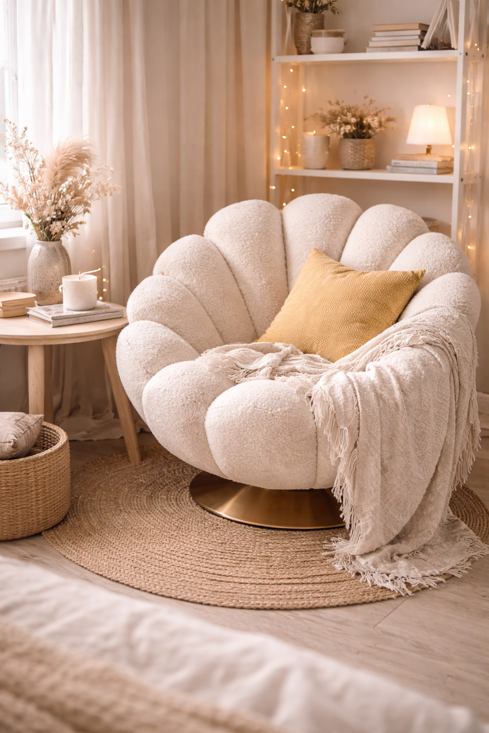 Sessel in Muscheloptik mit Plaid