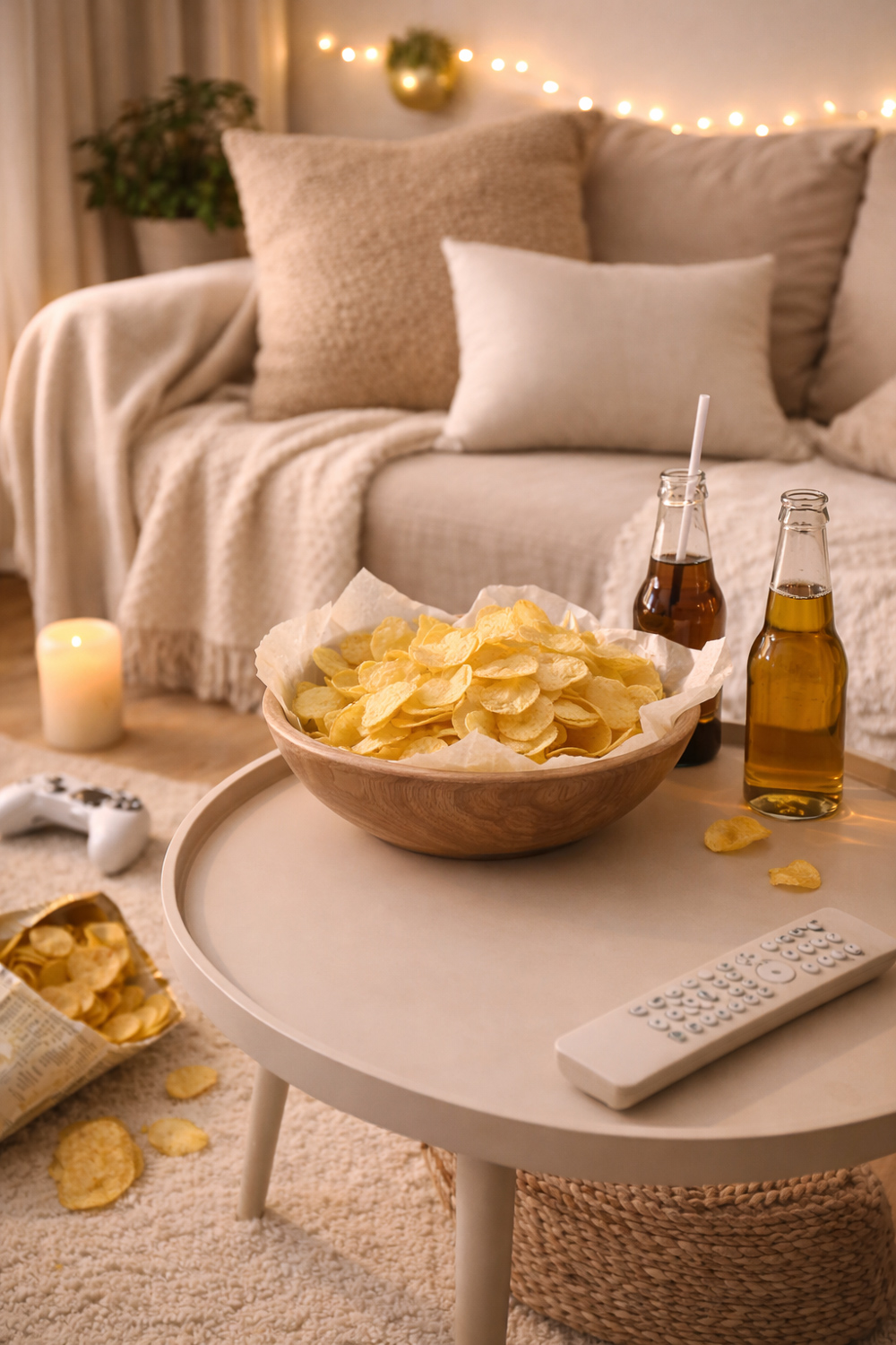 Chillecke mit Snacks auf einem Beistelltisch
