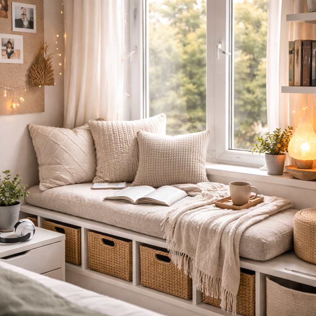 Gemütliche Chilecke in einem Teenager Zimmer auf einer Fensterbank