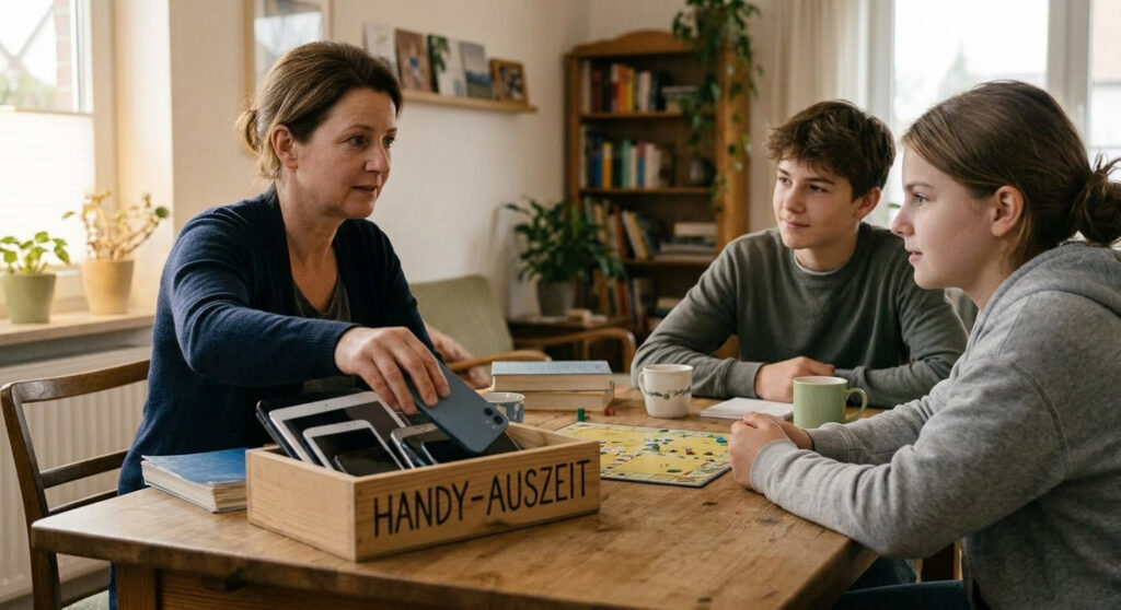 Familie Am Küchentisch spielt ein Spiel bewusst ohne Handys