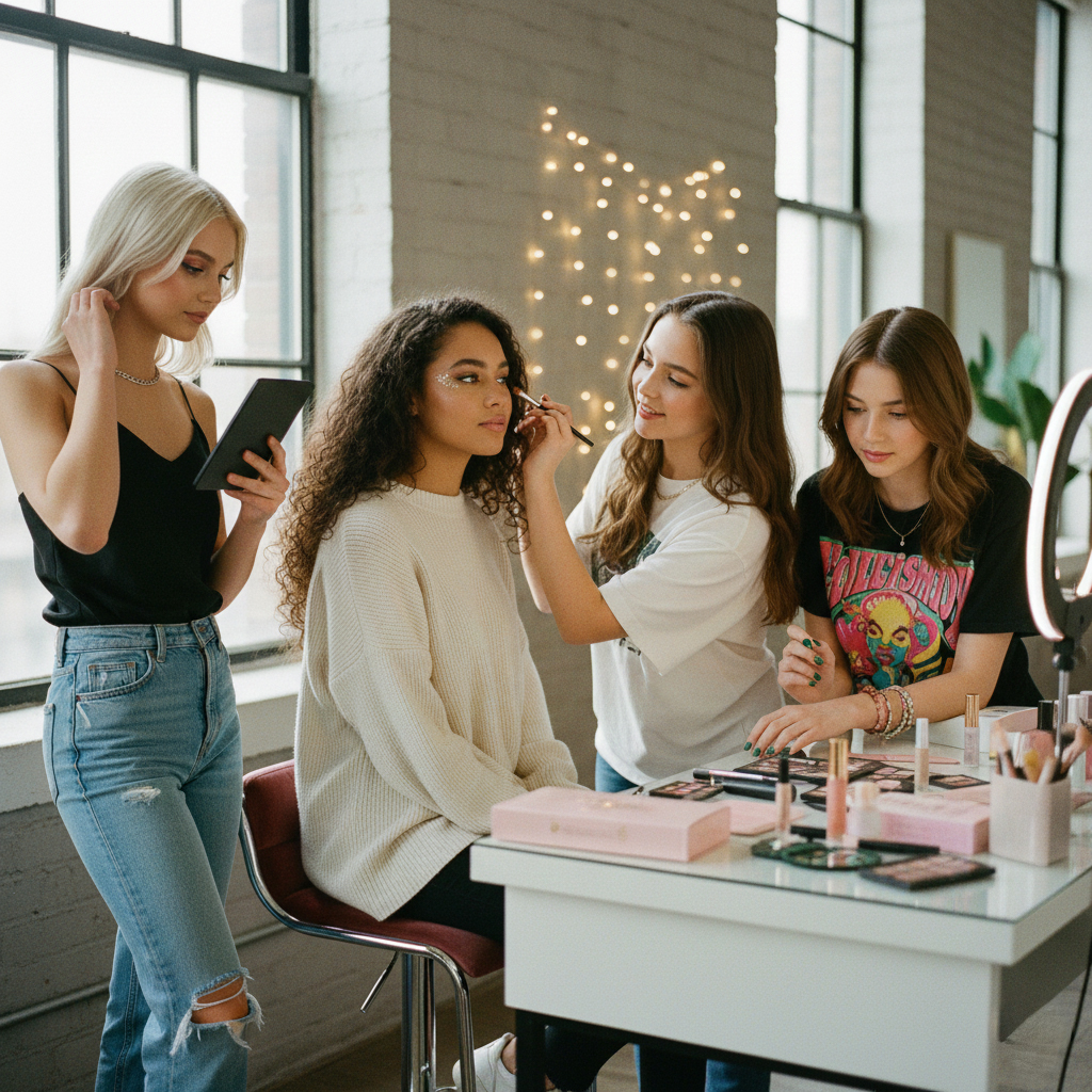 teenager Mädchen schminken sich gegenseitig