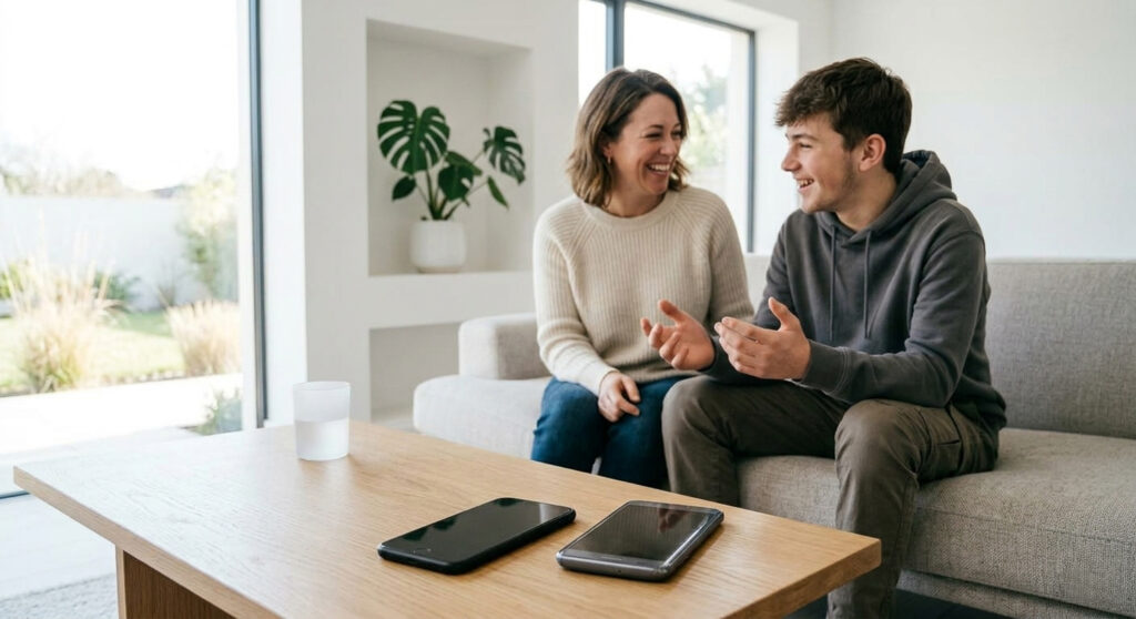 Mutter unterhält sich mit ihrem Sohn