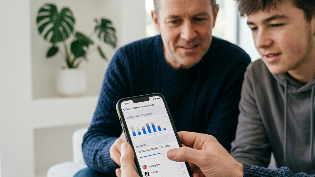Eltern stellen die Bildschirmzeit auf dem Teenager Handy ein