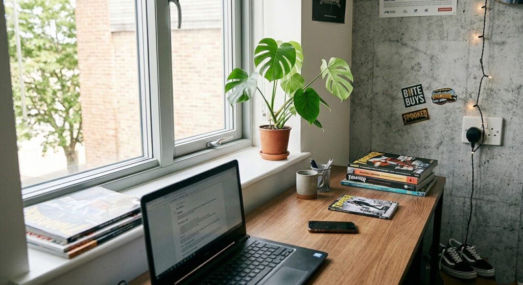 Schreibtisch am Fenster in einem Teenager Zimmer