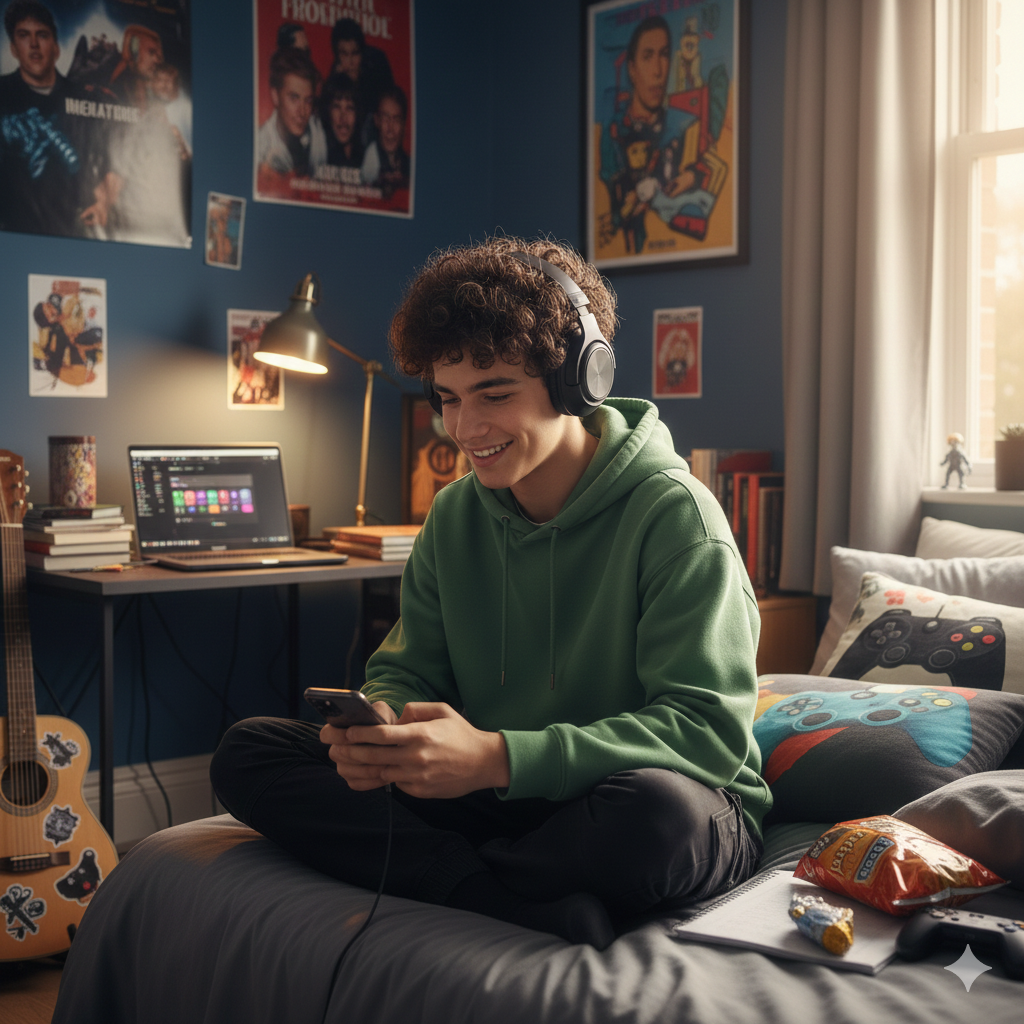 Teenager Junge sitzt auf seinem Bett