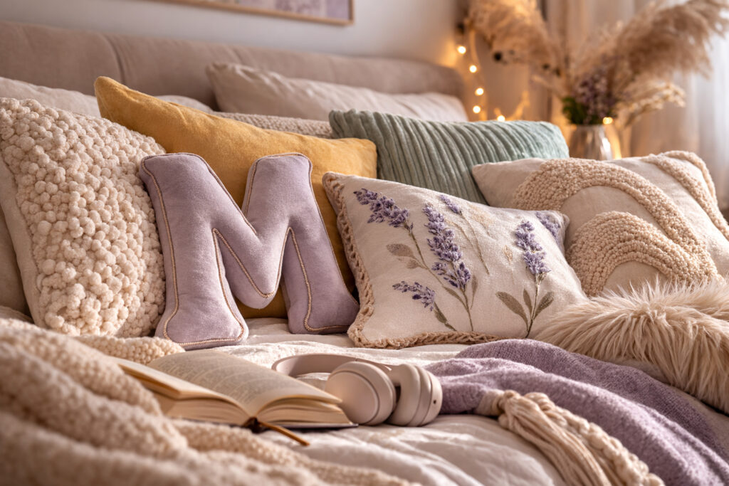 Unterschiedliche Zierkissen in einem Teenager Zimmer