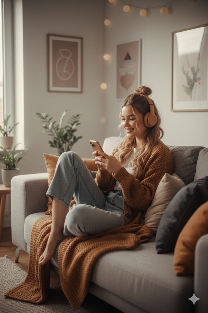 Gemütliche Sitzecke in einem Teenager Zimmer. teenager sitzt entspannt mit Hand und Kopfhörern auf der Couch