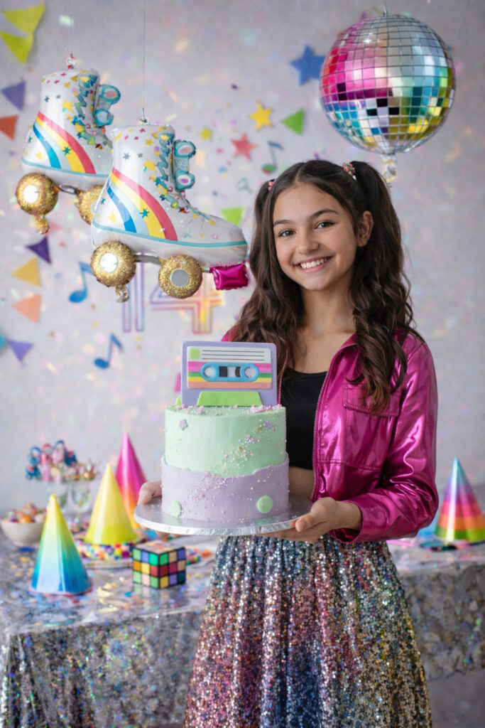 Teenager Mädchen mit einer Torte in einem glitzernden Outfit