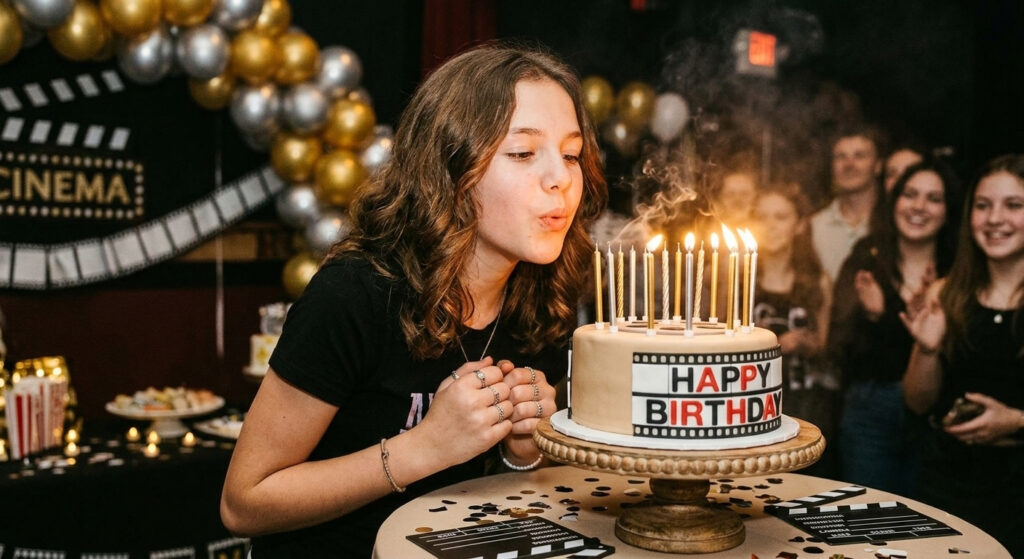 Teenager Mädchen pustet die Kerzen auf Ihrer Geburtstags Torte aus