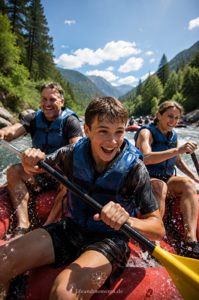 Familie mit Teenager biem Rafting